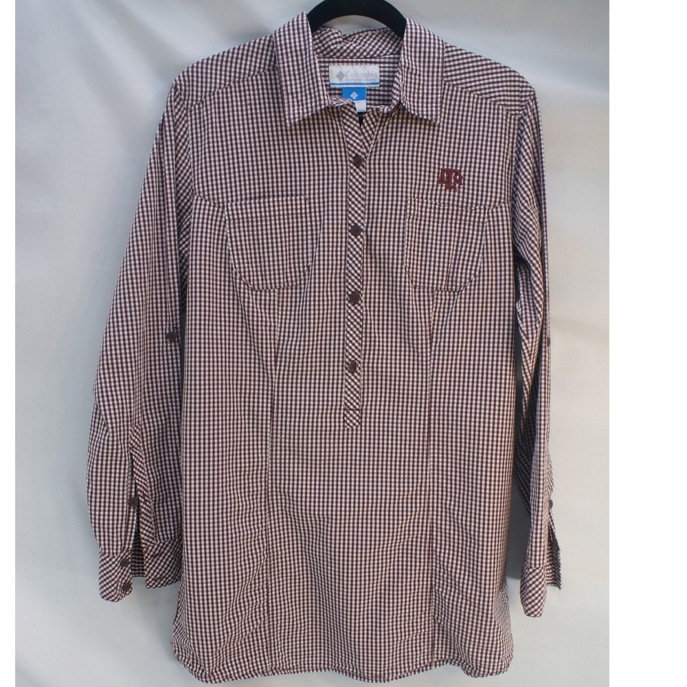 Columbia Texas A&M Aggies Womens Large Gingham Roll Tab Button Down Shirt Maroon
